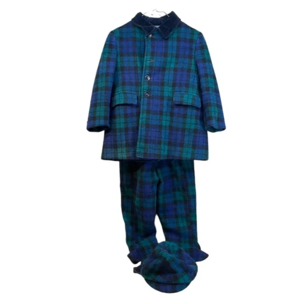 Vintage Boy's 1950s Plaid Wool Winter‎ Coat Stirrup Pants & Hat Set